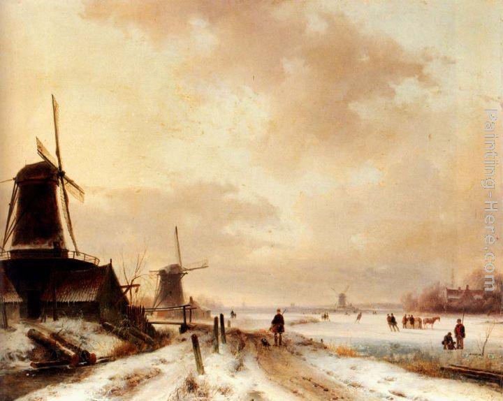 Andreas Schelfhout Winter a huntsman passing woodmills on a snowy track, skaters on a frozen river beyond